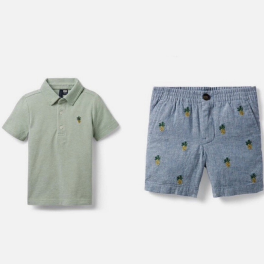 Kids Green Polo Shirt and blue  shorts set with pineapple embroidery